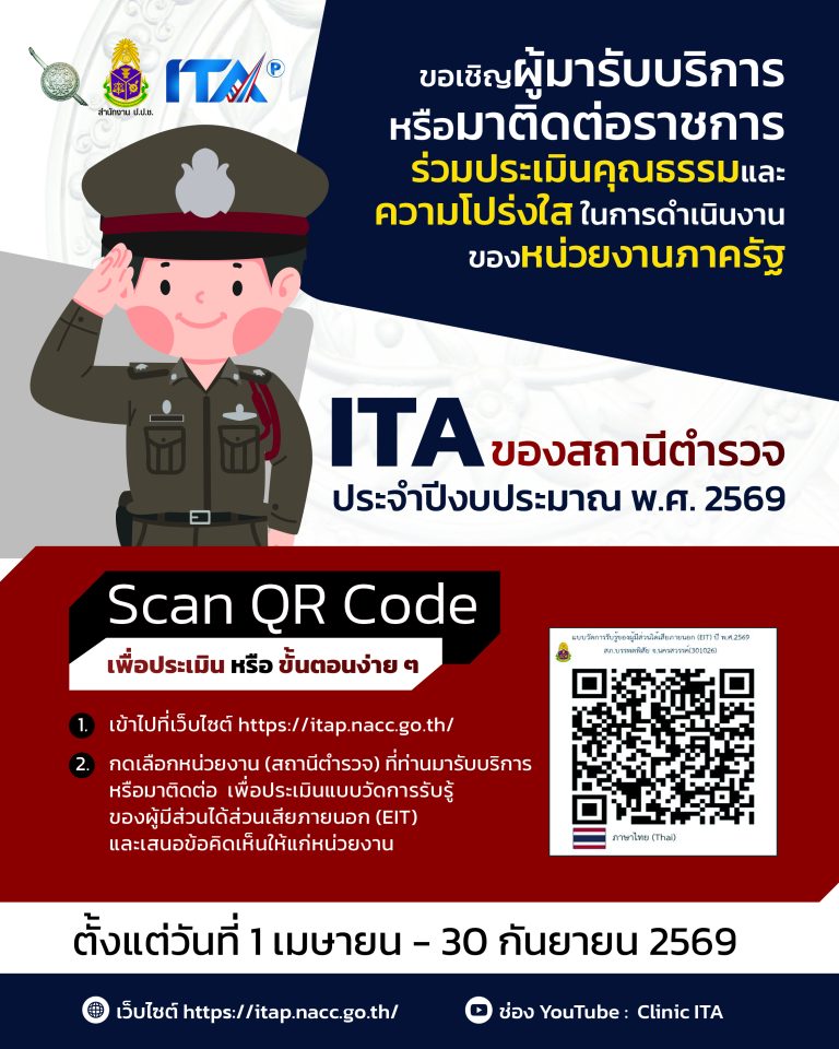 ขอเชิญชวนผู้มาใช้บริการหรือมาติดต่อราชการร่วมประเมินคุณธรรมและความโปร่งใสของการดำเนินงานของหน่วยงานภาครัฐ ประจำปีงบประมาณ 2569